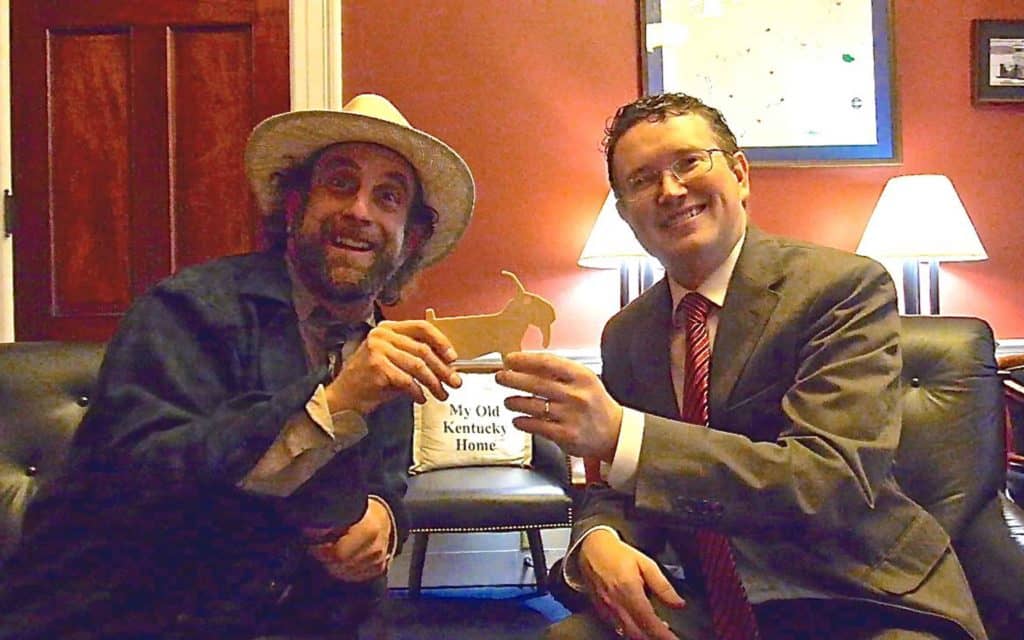 The author with Rep. Massie and a US-grown, petroleum-free, 3D-printed hemp plastic goat.