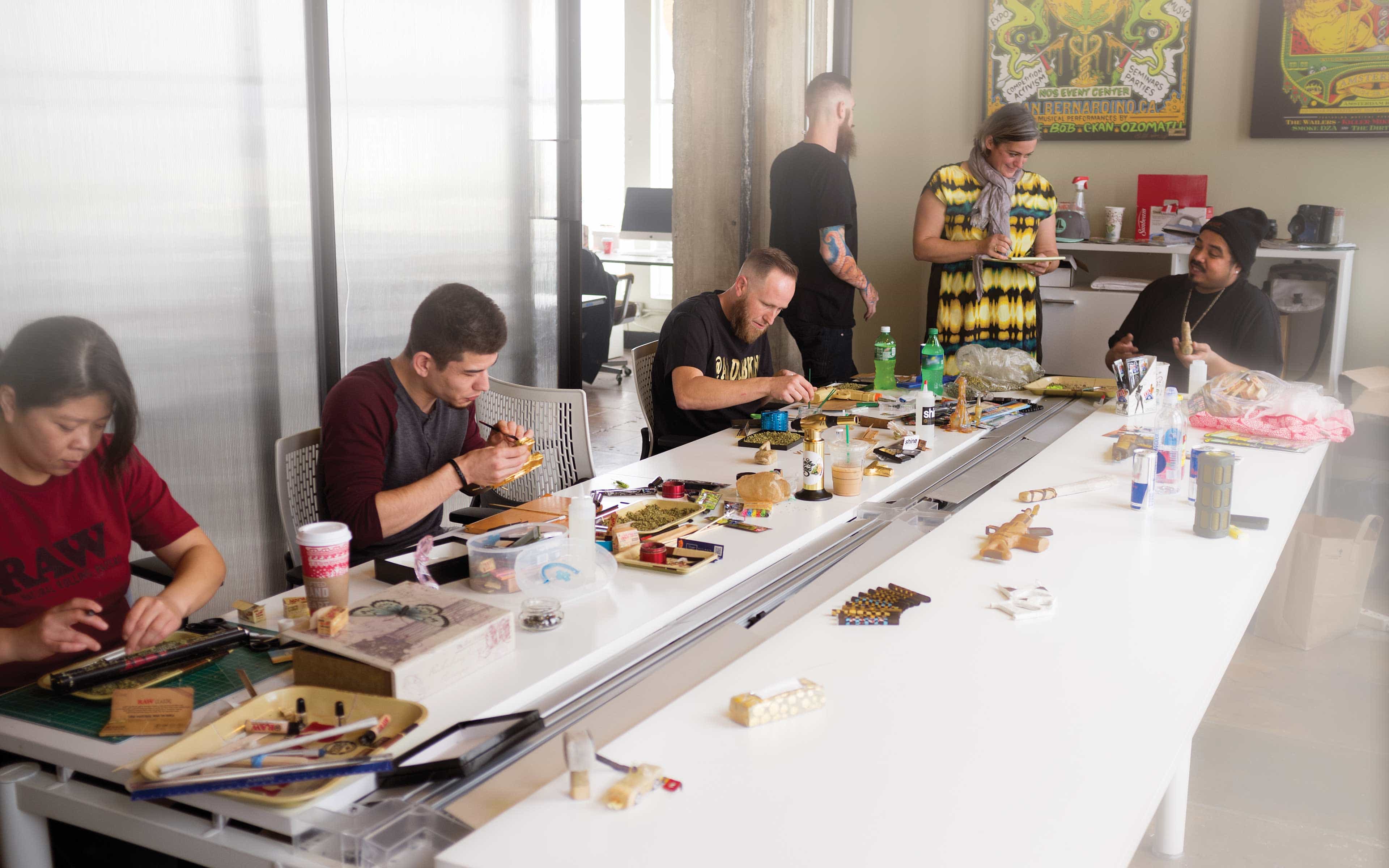 The dedicated crew smoked and rolled all day long at the HIGH TIMES offices.